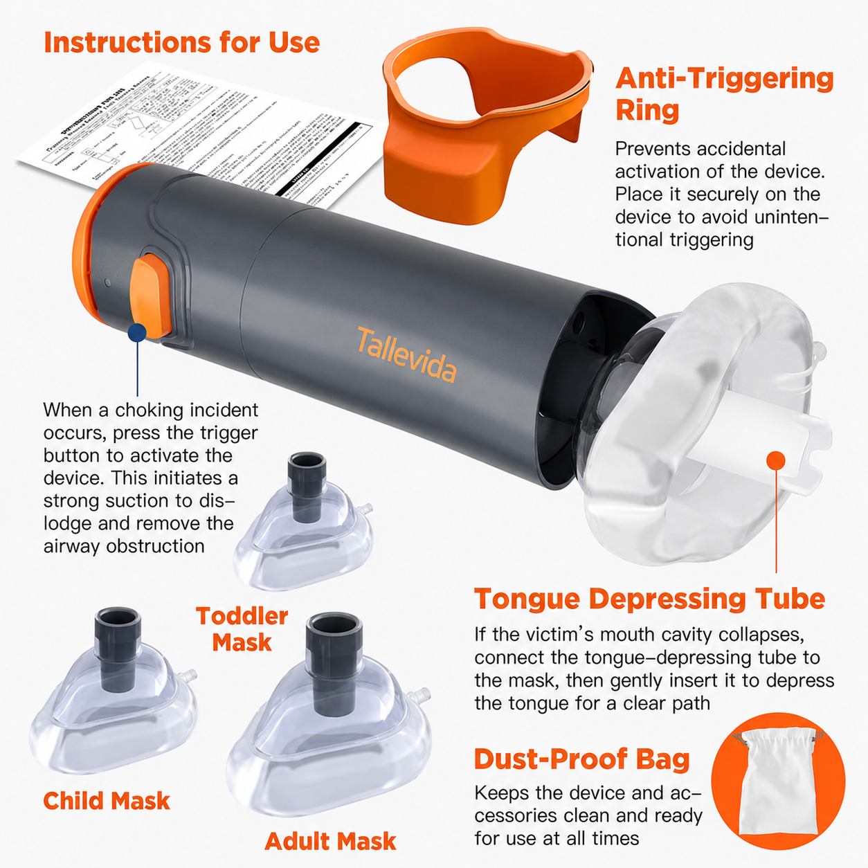Portable Choking Rescue Device with 3 Masks